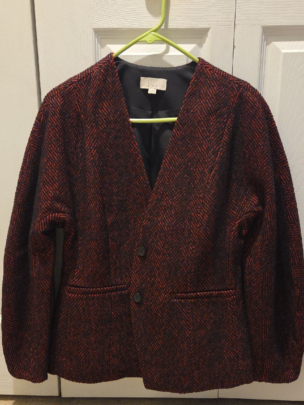 LOFT Black and Red Herringbone Collarless Jacket